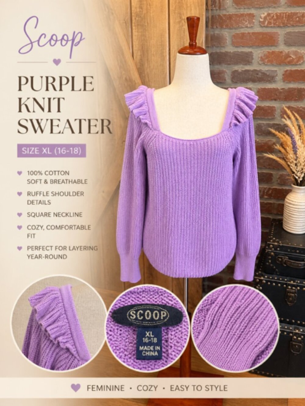 Scoop Purple Knit Sweater XL Ruffle Shoulder Cotton Cozy Feminine Cottagecore
